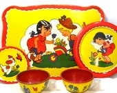 50 39 s Tin Toy Tea Set. Little Gardeners puppy. Ohio Art Co. 7 pieces.