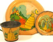 Scarce 1930 39 s Tin toy tea set. Colonial litho by Ohio Art Co. 3 piece setting, cup, plate, saucer.