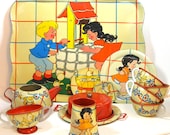 1940 39 s tin toy tea set, Ducky Bath Time. Litho by Ohio Art Co. 22 piece set.