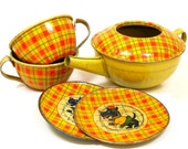 30s Tin Toy Tea Set, Scottie dog in clothes with plaid, by J. Chein Co.