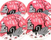 Swans, 1956 Tin Toy tea saucers, Black Gray BIRDS, set of 4 matching, 2 1 2 quot .
