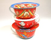 50s Tin Toy Tea Cups Saucers, Set of 6 with lamb, monkey and girls as kittens.