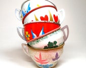 50s Tin Toy Tea cups, Heart butterfly graphics on 5 metal cups. Instant collection.