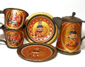1920s Antique Tin Toy Tea Set. Squirrels with nuts. 5 pieces.