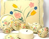 1940 39 s tin toy tea set with Flowers. Litho by Ohio Art Co. 22 piece set.