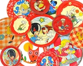 13 Tin Toy tea saucers in reds, 1950s-1960s graphics. Instant Collection. Vintage decor.