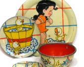 1940 39 s tin toy tea set with Ducky Bath Time litho by Ohio Art Co. 4 piece setting.