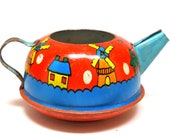 1940s Tin Toy Tea Pot. Wind mills. Made by Ohio Art. Dutch Winter Wonderland.