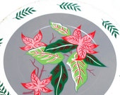 60s Tin Toy Tea plate, Tropical Hawaiian flowers in pink, gray, white. By J Chein Co. Larger size. Stargazer lily.