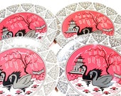 Swans, 1956 Tin Toy tea plates. Set of 4. Black Gray BIRDS, larger size 5 1 4 quot .