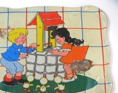 1940s Vintage childrens tin tea tray. Lithograph by Ohio Art. Baby ducks.
