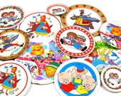 50s Tin Toy Tea Plates, Storybook characters set of 12, Instant Collection.