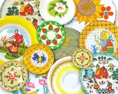 SALE Tin Toy tea saucers in yellows, 1960s graphics, Instant Collection. Ohio Art Co. Vintage Decor.