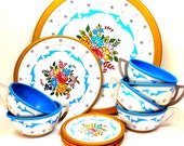 50s Tin Toy Tea Set, Blue Heaven by Ohio Art Co. 15 pieces with snowflakes flowers.