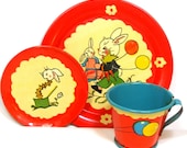 SCARCE 30 39 s Tin Toy Tea Setting, Bunny Birthday Party by Fern Bisel Peat. 3 piece setting.