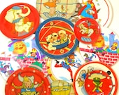 13 Tin Toy tea saucers in reds, 1950s-1960s graphics. Instant Collection. Ohio Art Co. Vintage Decor.