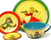 Jack Jill 1930s Tin Toy Tea Setting, 4 pieces by Ohio Art Co. Cup, saucer, plate, butter pat.