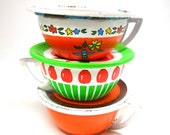 60s Tin Toy Tea Cups Saucers. Apples, flower cart. Instant Collection. Set of 6.