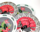 60s tin Tea plates, bird flowers in pink, gray, white. Set of 4 with lithograph by J Chein.