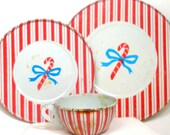 Candy Cane Tin Toy Tea Set. Christmas Stripe setting, by J Chein. Cup, saucer, plate.