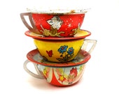 50s Tin Toy Tea Cups Saucers, Set of 6 with puppy, lamb and pelican.
