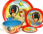 1950s Wedding, Vintage childrens tin toy tea setting, graphics by Ohio Art. Soldier, bride pelican.