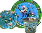 30s Tin Toy Tea Setting, Bluebirds Blossoms, by Ohio Art Co.