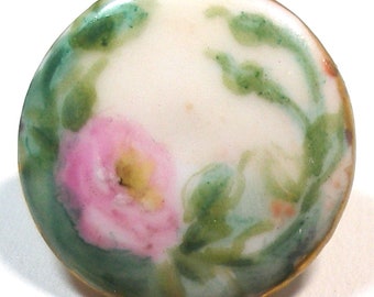 1900s Antique Porcelain stud Button. Edwardian china with hand-painted flowers 15/16".