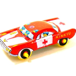 Mini 1960s Tin Toy car. Vintage red emergency vehicle, KINKYU. Made in Japan.