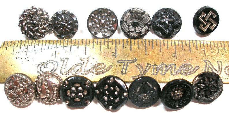 13 Victorian black glass buttons. Antique 19th century glass with silver luster. Set J image 2