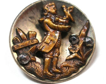 Audubon, 1800s metal button. Victorian bird & man with cut steel, 3/4".