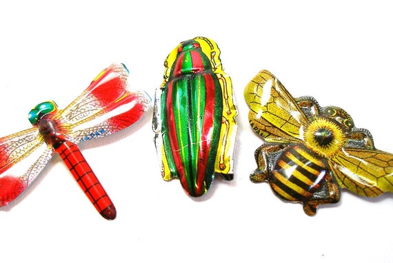 60s Tin Toy BUG brooches, 3 metal Japanese insect costume jewelry.