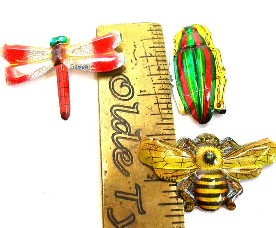 60s Tin Toy BUG brooches, 3 metal Japanese insect costume jewelry. View 2