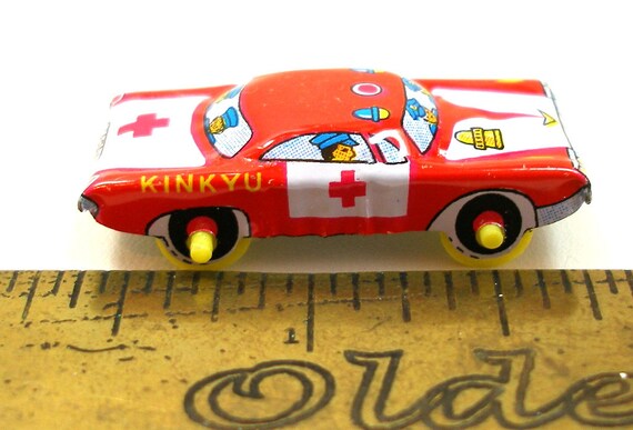 Mini 1960s Tin Toy Car. Vintage Red Emergency Vehicle, KINKYU