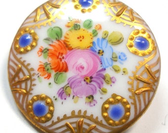 1900s Antique Porcelain Button. Edwardian china with hand-painted flowers 1".