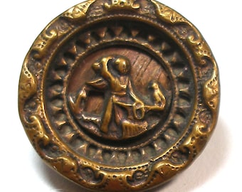 Cupid forging links of love. Victorian picture button. 3/4", wood background, cupid cherub putti.