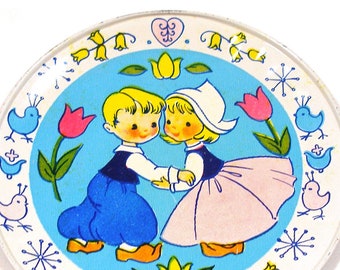 1950's tin toy tea plate. Dutch Spring, children & chicks  4 1/8". SALE
