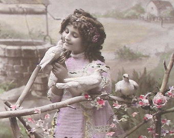 1900s French postcard. Edwardian Girl with birds. RPPC real photo postcard, Vintage glamour fashion  carte postale