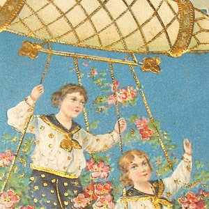 1910s antique German postcard. Kids in hot air balloon. paper ephemera. Carte Postale. Vintage drawing
