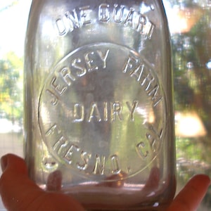 1950s Jersey Farm quart milk bottle. Fresno, CAL. 9&quot;