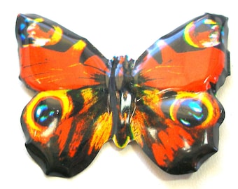 Tin Toy BUTTERFLY brooch, Japanese metal jewelry in orange with blue.