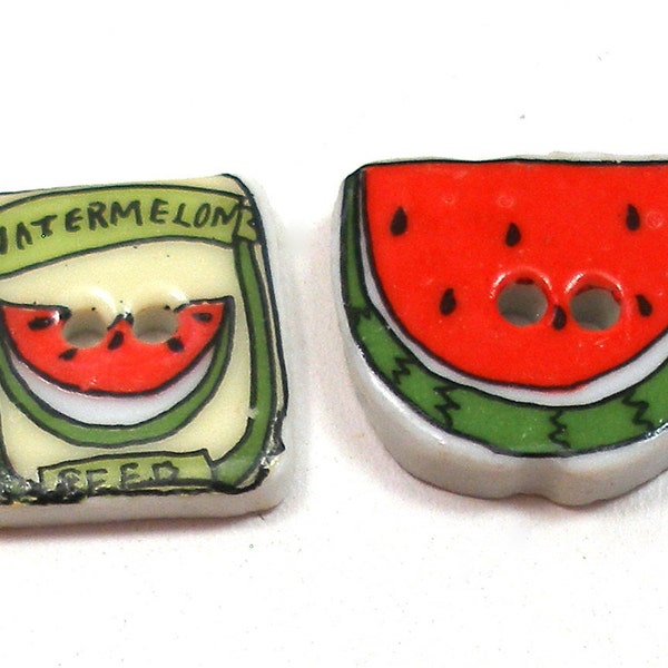 2 Washable ceramic buttons, Watermelon & seed packet, Summertime fun.