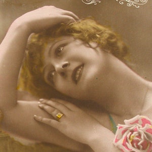 1910s Antique French postcard. Edwardian lady with a ring. RPPC photo, paper ephemera. Carte Postale. Vintage glamour fashion