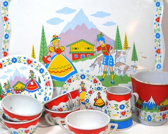 20 piece tin toy tea set Litho by Ohio Art Co. Swiss Miss with alpine maids. c1950s