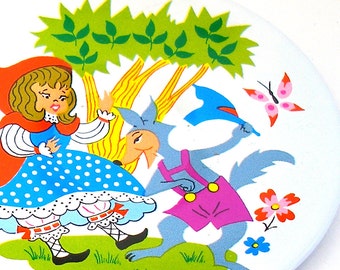 UITVERKOOP jaren 60 blikken speelgoed theebord, afbeeldingen uit het verhalenboek Red Riding Hood, klein formaat. Vintage verzamelobject.