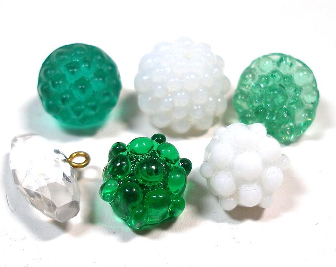 6 Antique GLASS Buttons. Charm String, Swirl Back. Green, White, Clear ...