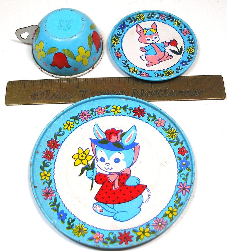 SALE Spring Bunnies. Vintage Tin Toy Tea Setting 3 Piece Set. Etsy