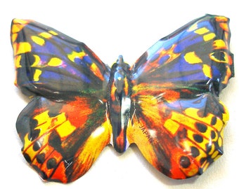 Vintage Tin toy BUTTERFLY brooch. Insect pin in brown, yellow, & orange. Made in Japan.
