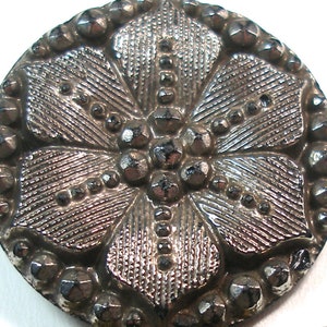 Antique floral BUTTON, 1800s Victorian black glass with silver luster, 1&quot;.