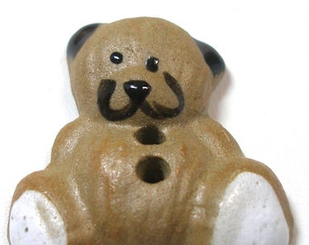 Happy TEDDY  Button. Handmade ceramic toy bear. 1" Special accent.